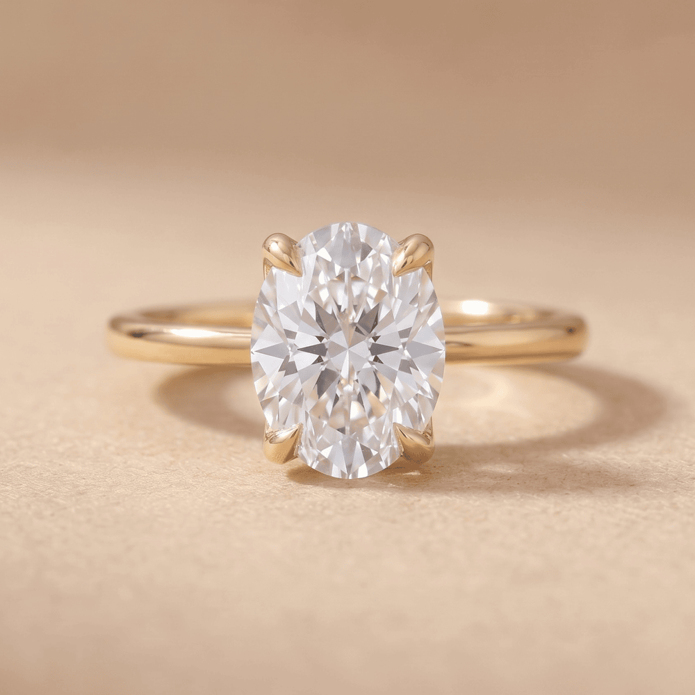 Oval Lab Diamond Petal Solitaire Ring - 14K Simple Gold Band