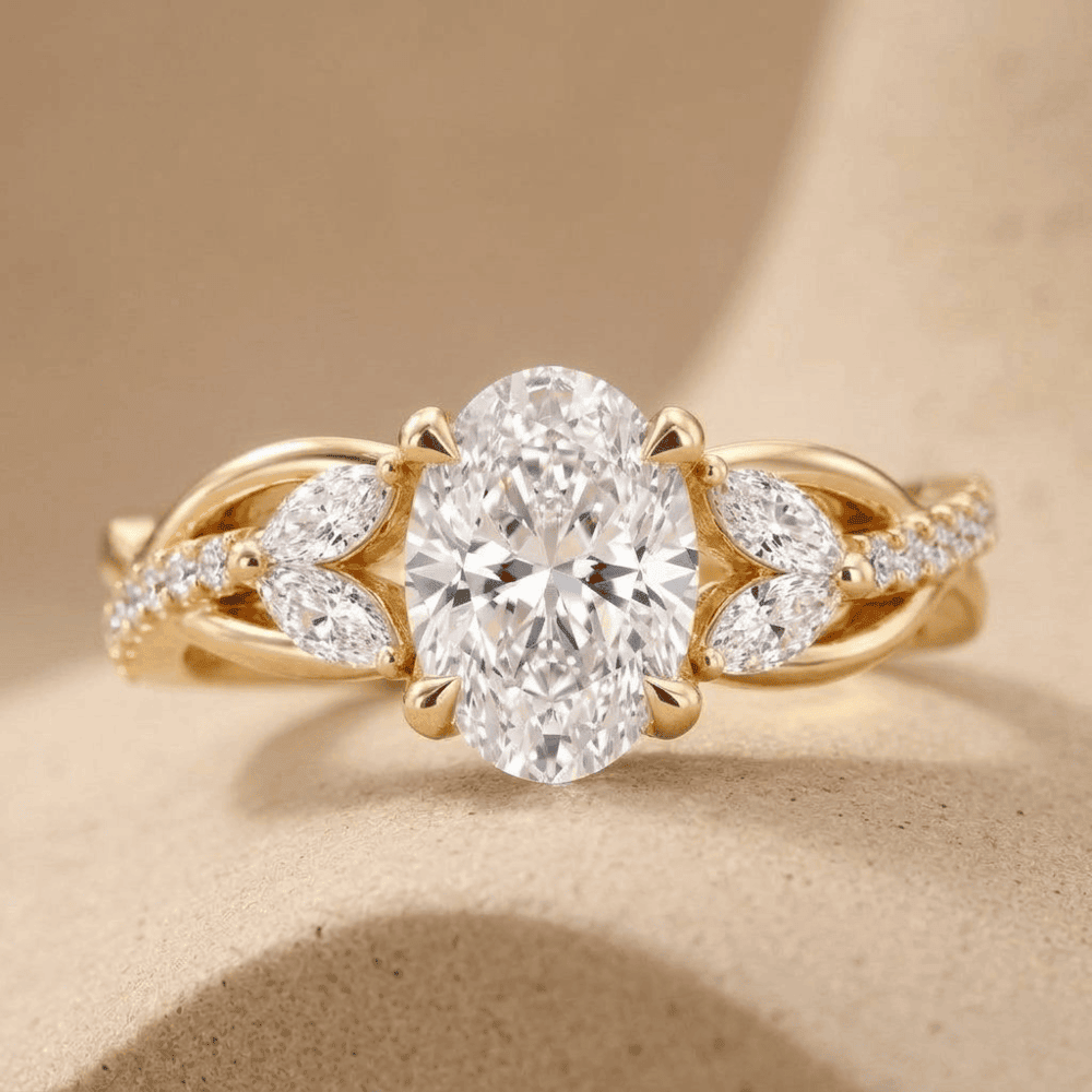 Oval lab diamond nature inspired gold promise ring