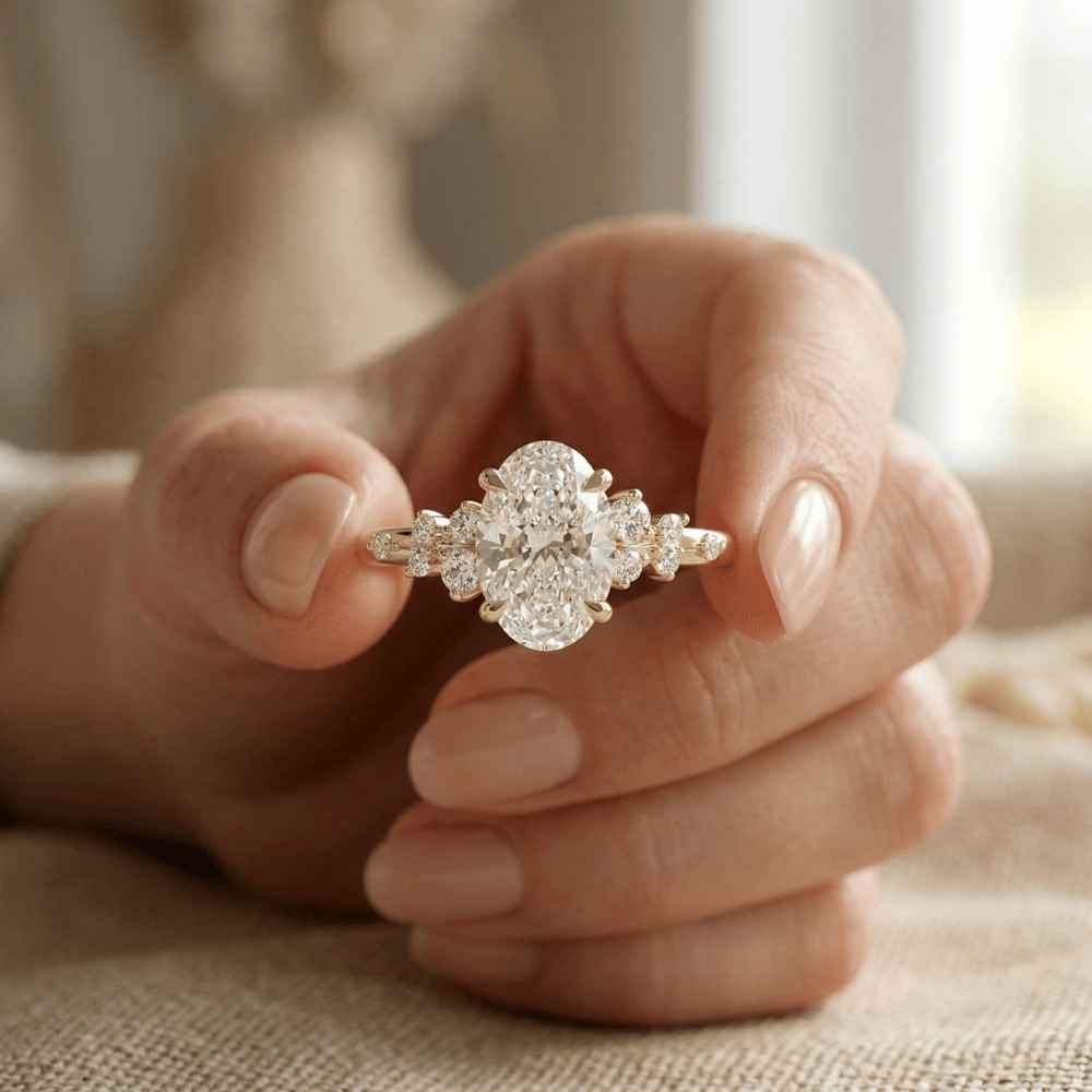 Oval lab diamond cluster ring for wedding and anniversary