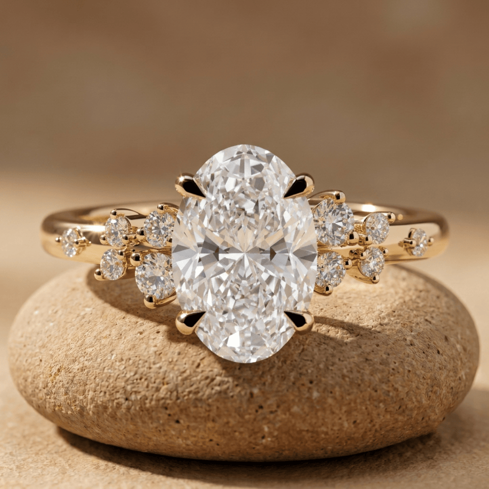 Oval lab grown diamond cluster engagement ring in 10KT gold
