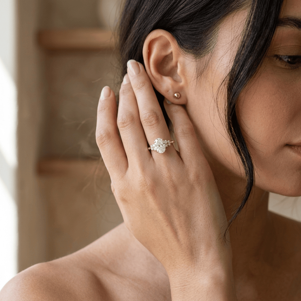 Oval lab diamond cluster ring for wedding and anniversary