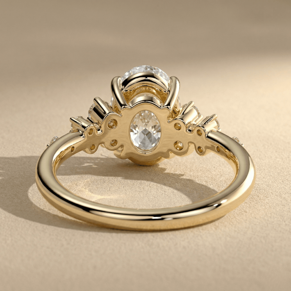 Oval lab grown diamond ring with detailed cluster design