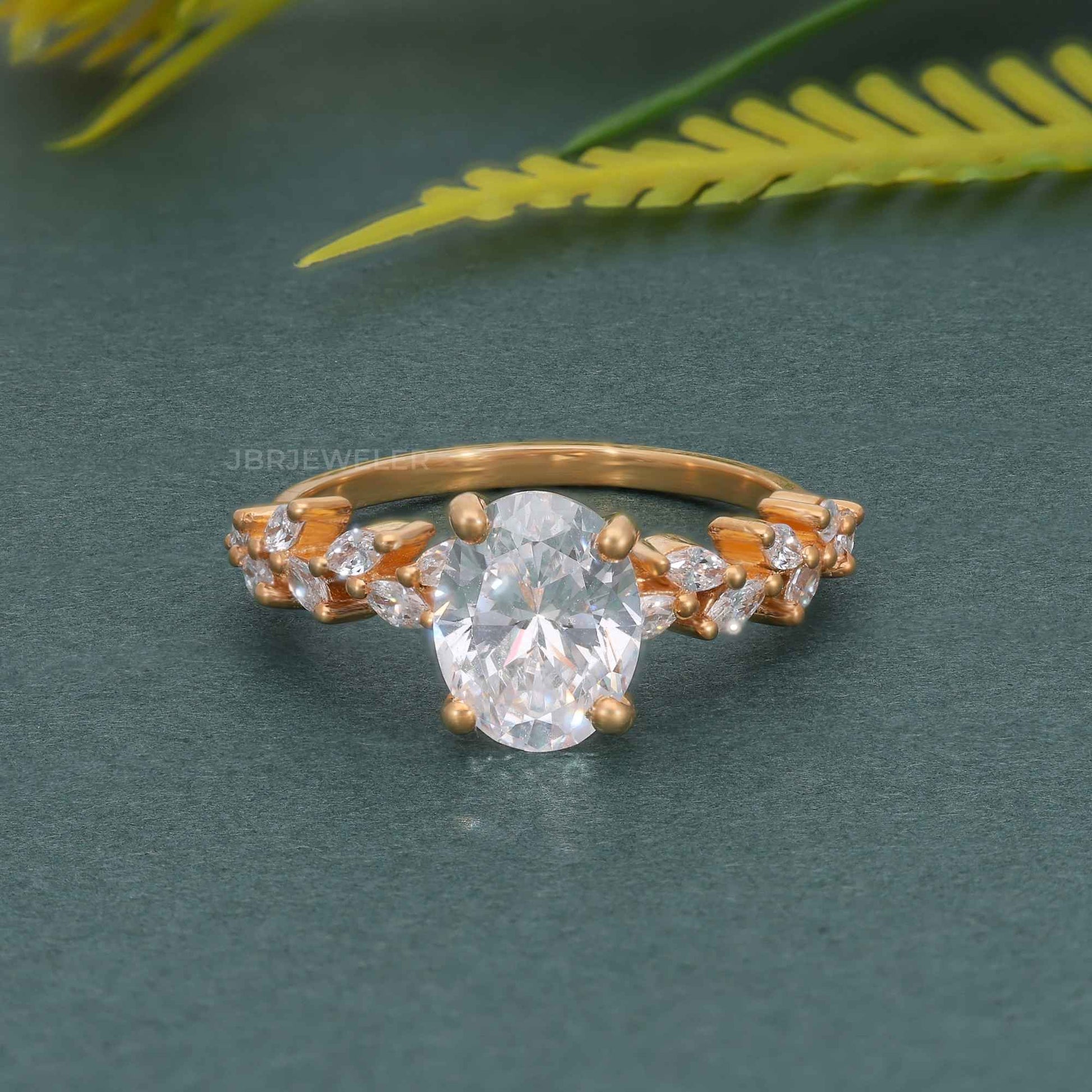 Oval Moissanite Diamond Engagement Ring With Marquise Accent