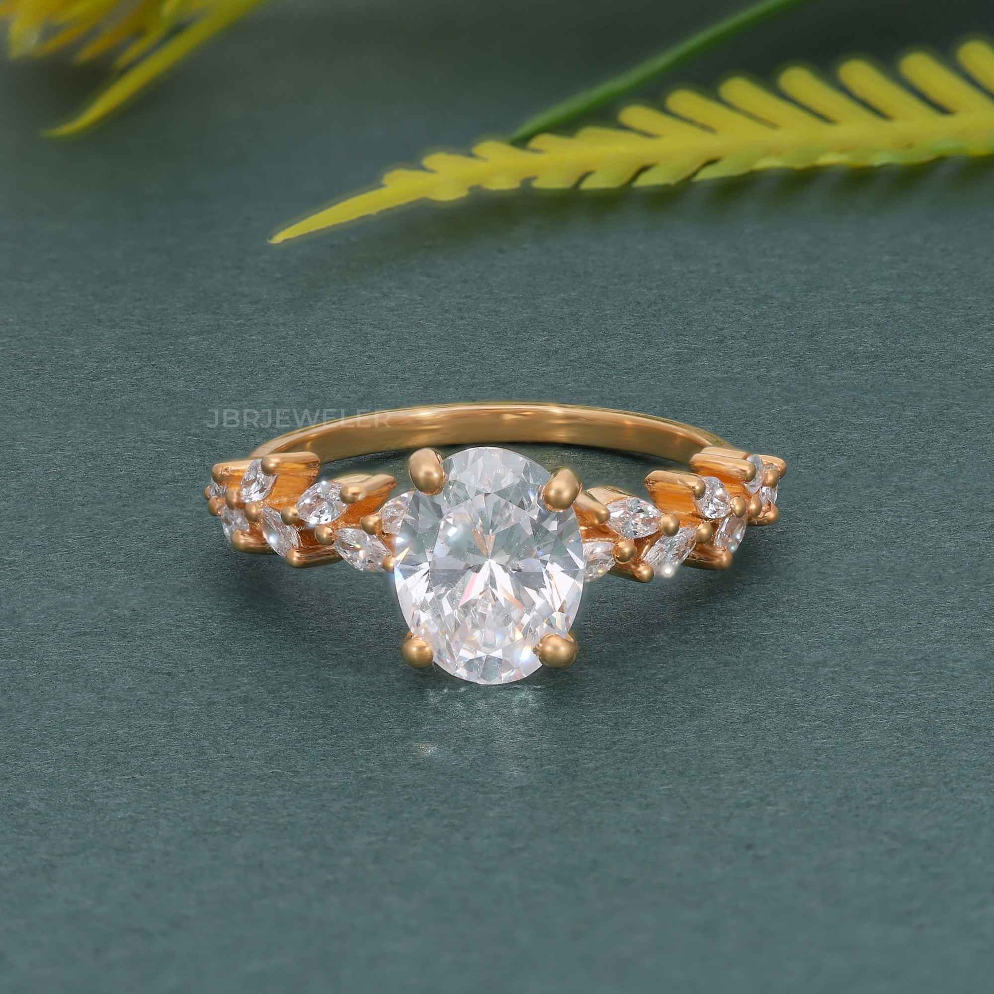 Oval Moissanite Diamond Engagement Ring With Marquise Accent - JBR Jeweler