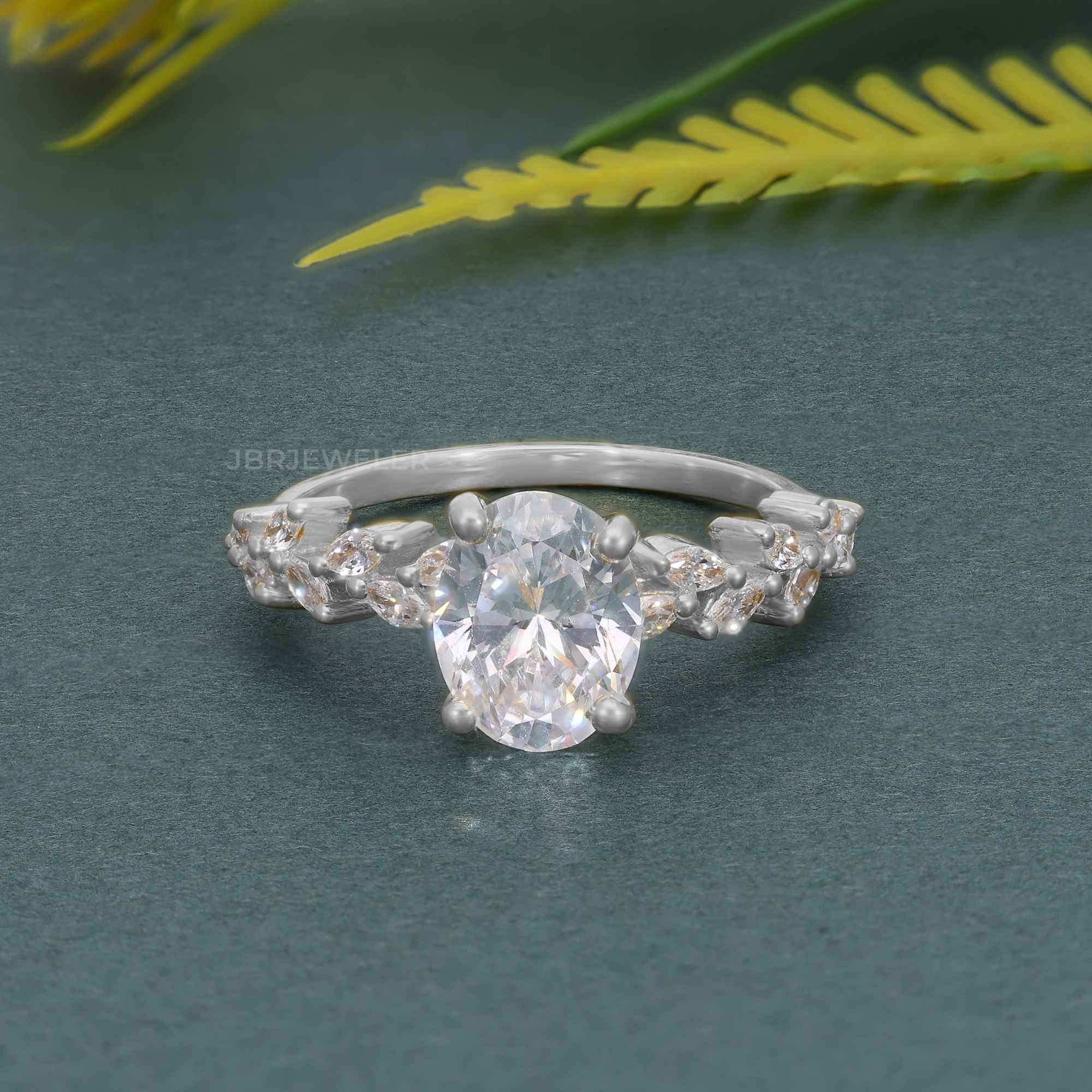 Oval Moissanite Diamond Engagement Ring With Marquise Accent - JBR Jeweler