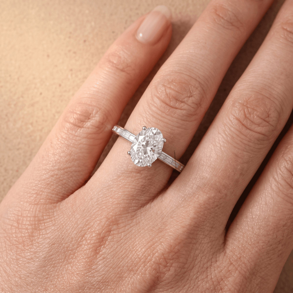 Solid gold oval lab diamond ring close up