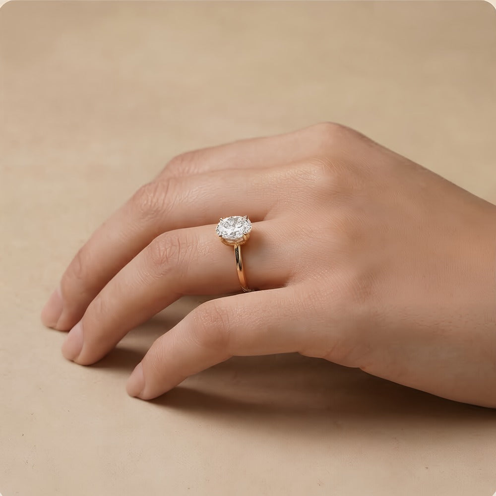 East West oval wedding ring close-up