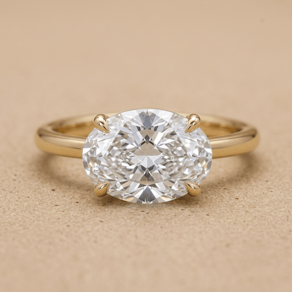 Oval lab grown East West wedding ring in 14k gold
