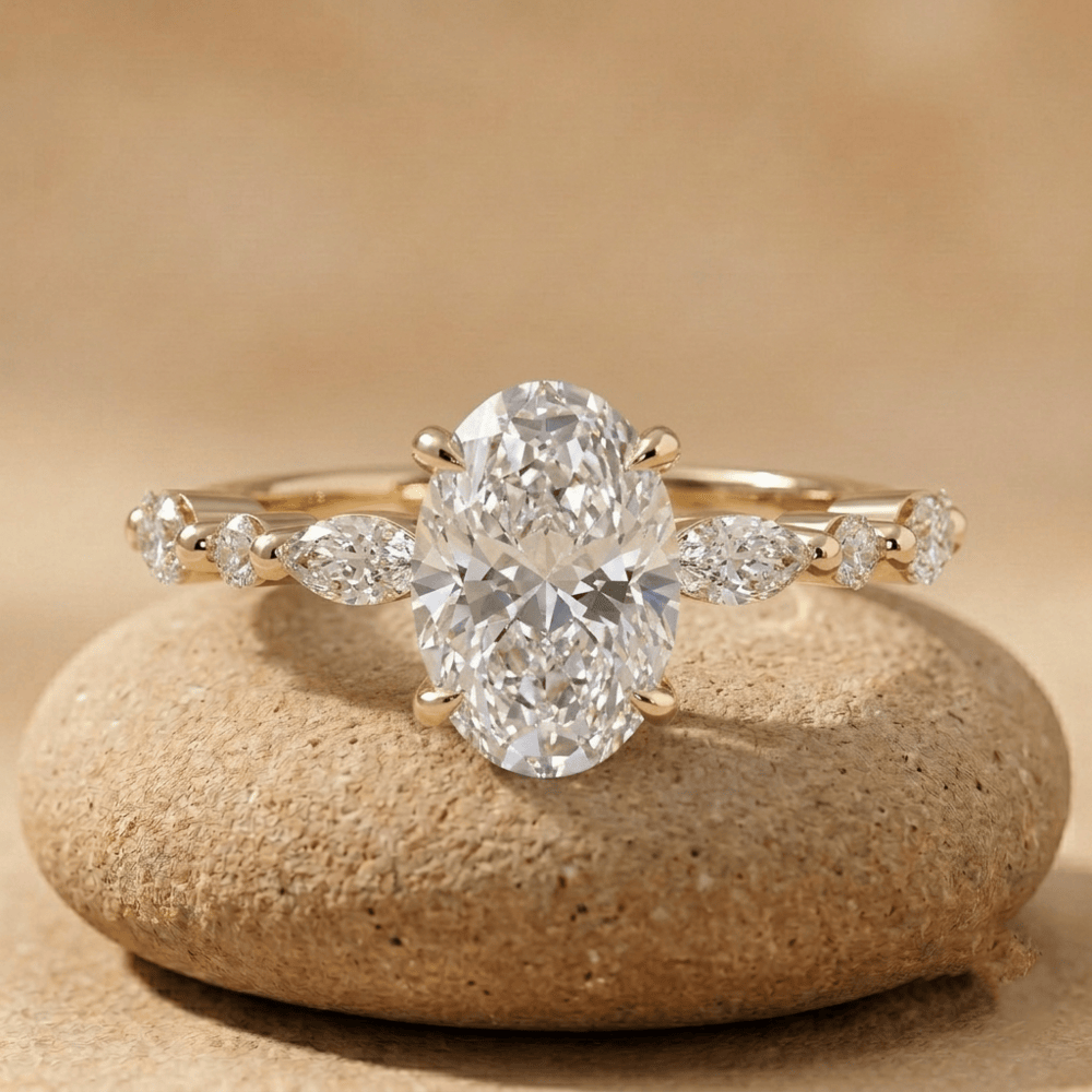 Oval lab grown solitaire engagement ring with side stones