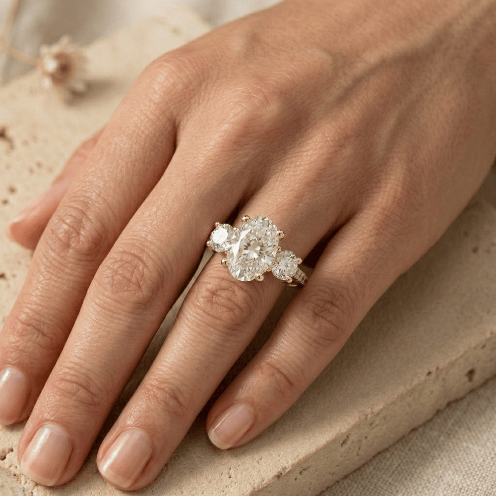 Luxury oval three stone diamond ring for wedding proposal
