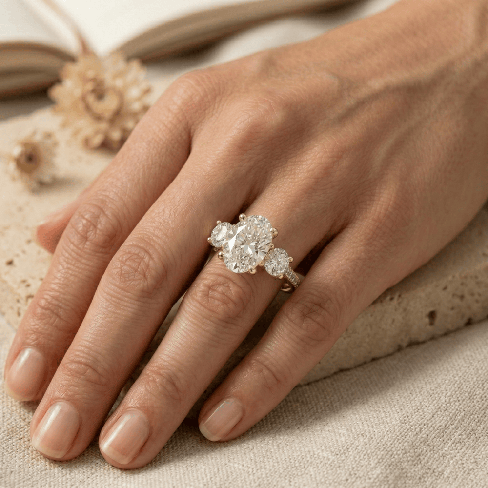 Oval center stone lab diamond ring with sparkling side diamonds
