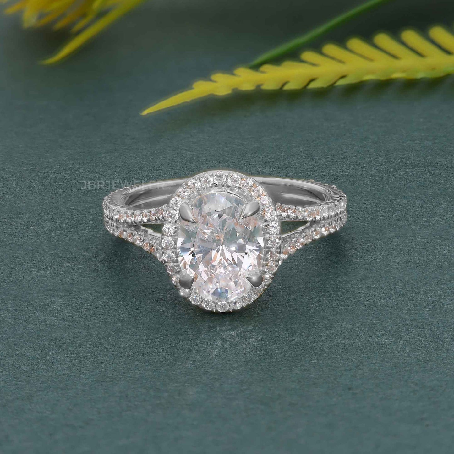 Oval Moissanite Diamond Split Shank Halo Engagement Ring