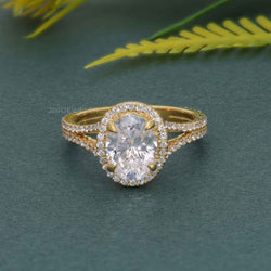 Oval Moissanite Diamond Split Shank Halo Engagement Ring