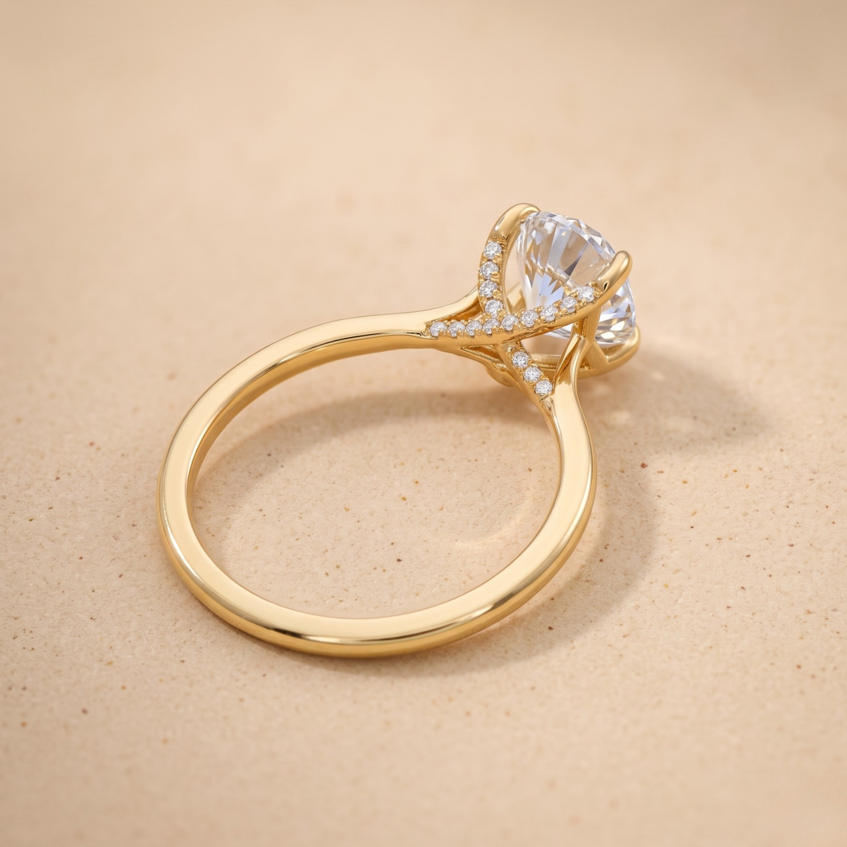 Oval moissanite cathedral ring side profile view