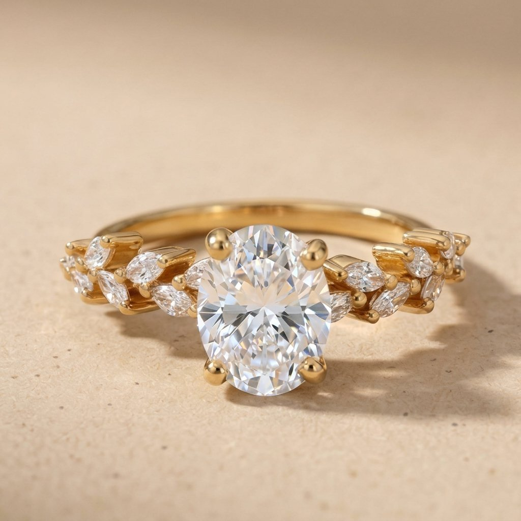 Gold oval moissanite ring with floral setting