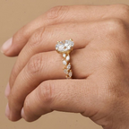 Oval moissanite bridal ring photographed from above