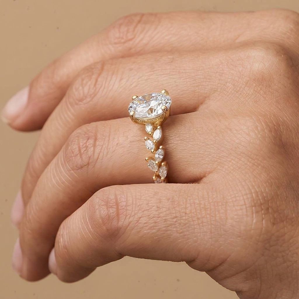 Oval moissanite bridal ring photographed from above