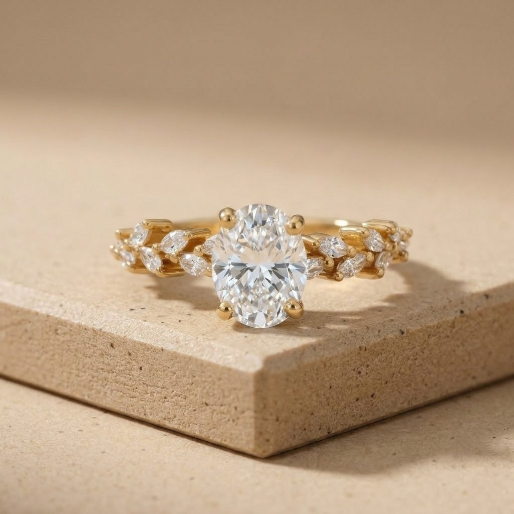 Oval moissanite gold floral engagement ring
