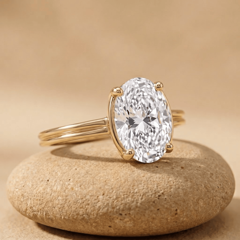 18K gold celestial ring with oval moissanite center stone – side view