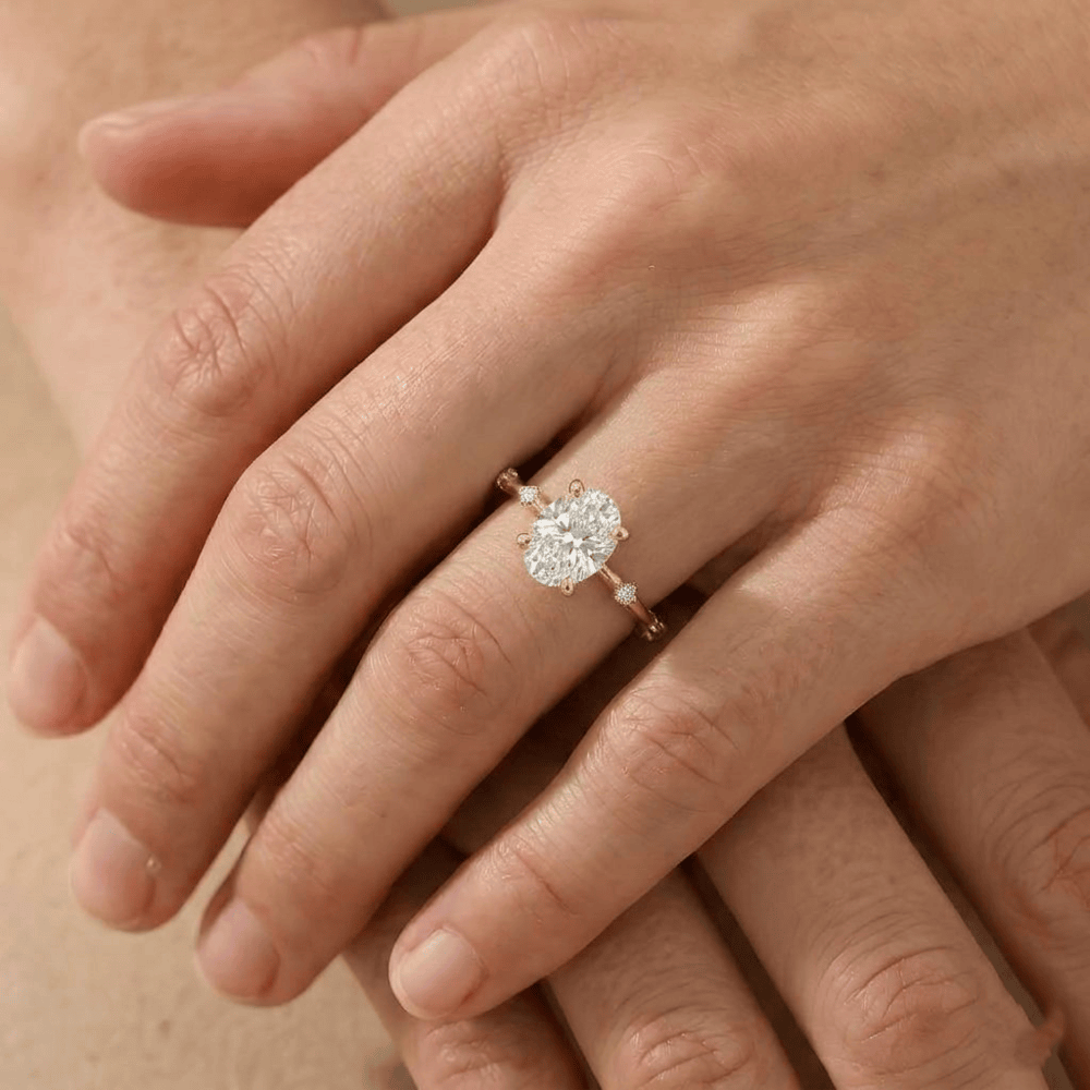 Slim gold band oval moissanite bridal jewelry