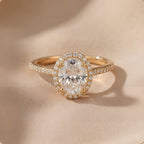 Moissanite halo ring top angle view