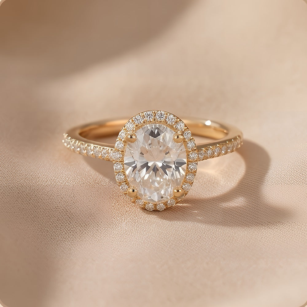 Moissanite halo ring top angle view