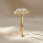 Moissanite engagement ring lotus halo design close up