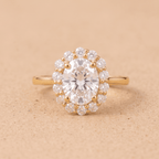 Oval moissanite lotus halo engagement ring front view