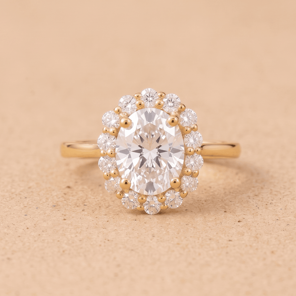 Oval moissanite lotus halo engagement ring front view