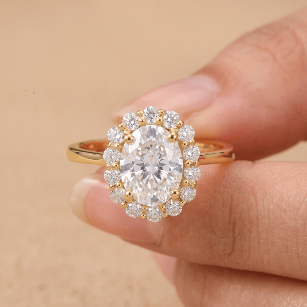 Lotus halo engagement ring with oval moissanite center stone