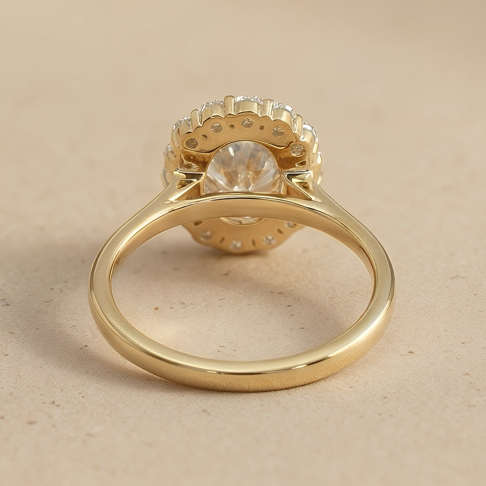 Womens moissanite wedding ring lotus halo top view