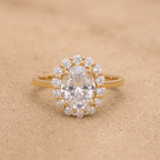 Oval moissanite lotus halo engagement ring front view