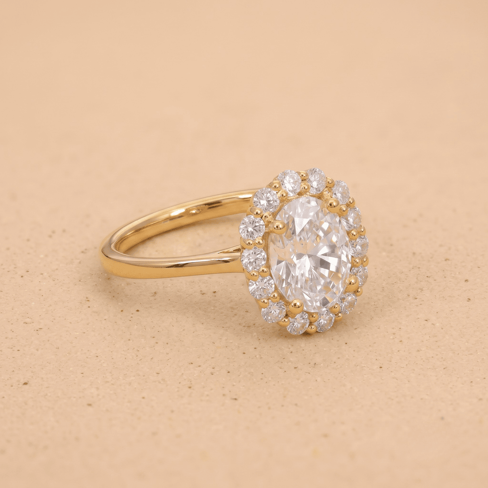 Oval moissanite ring lotus halo side profile