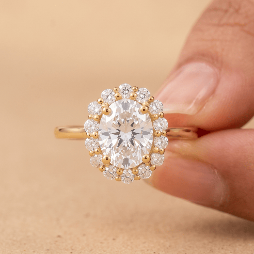 Moissanite proposal ring lotus design on hand