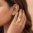 Oval moissanite halo ring couples jewelry lifestyle shot