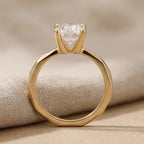 Close-up of oval moissanite stone in gold setting