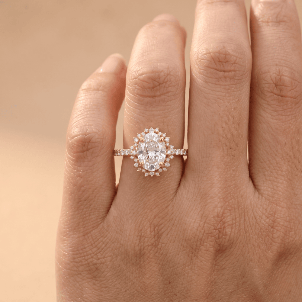 Custom moissanite oval sunburst halo design