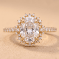 Oval moissanite sunburst halo anniversary ring Front view