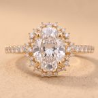 Oval moissanite sunburst halo anniversary ring Front view