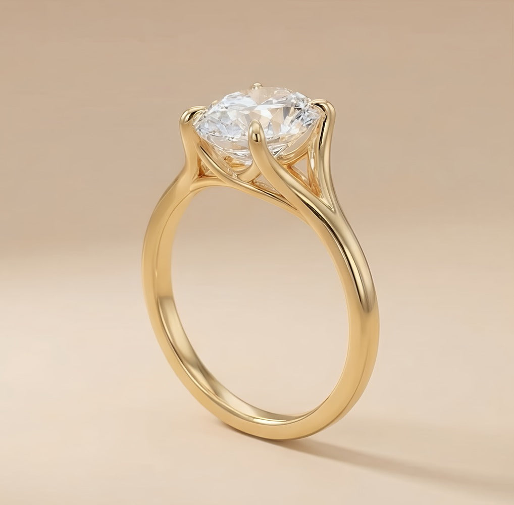 Oval moissanite engagement ring side profile view
