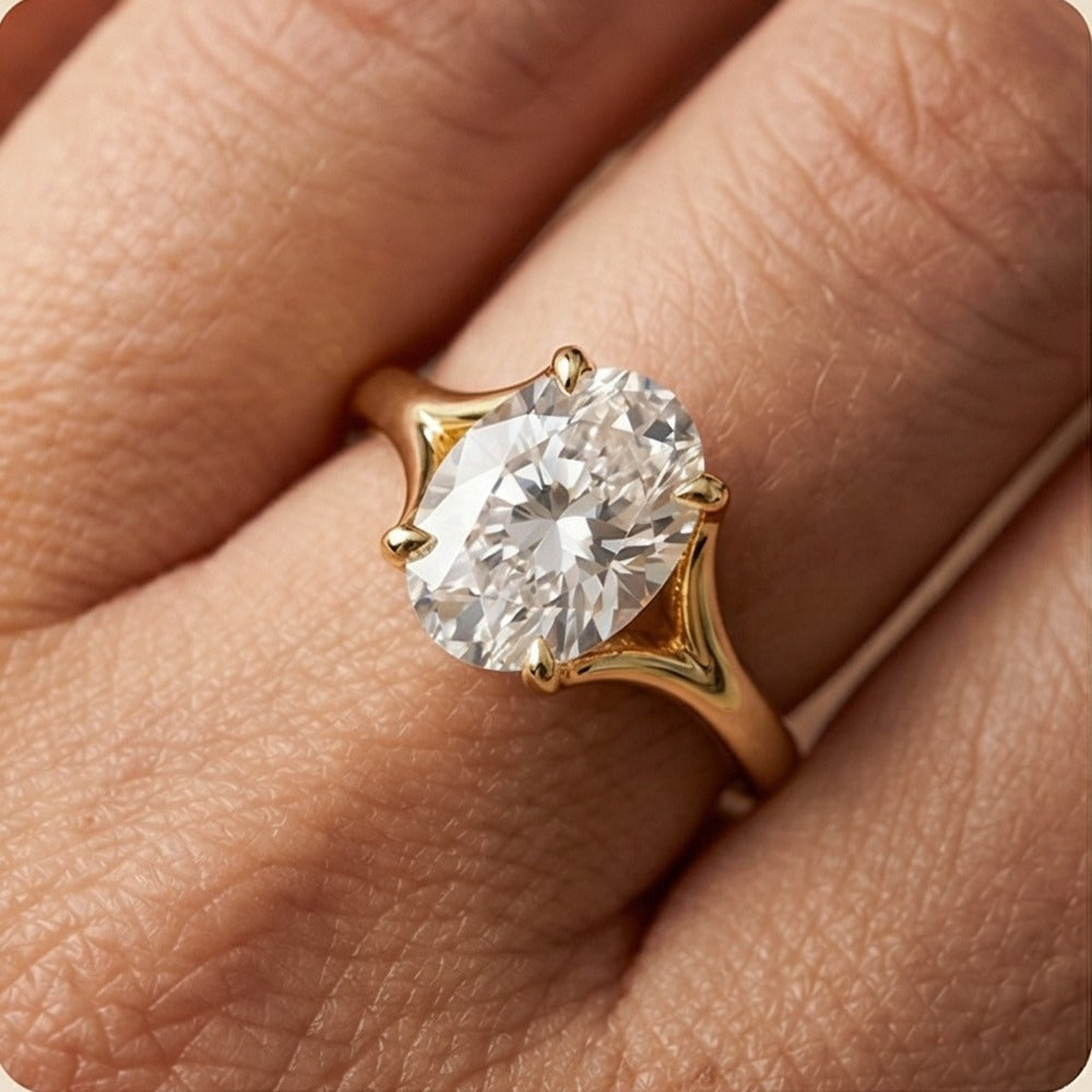 Lab-grown oval moissanite solitaire ring close-up