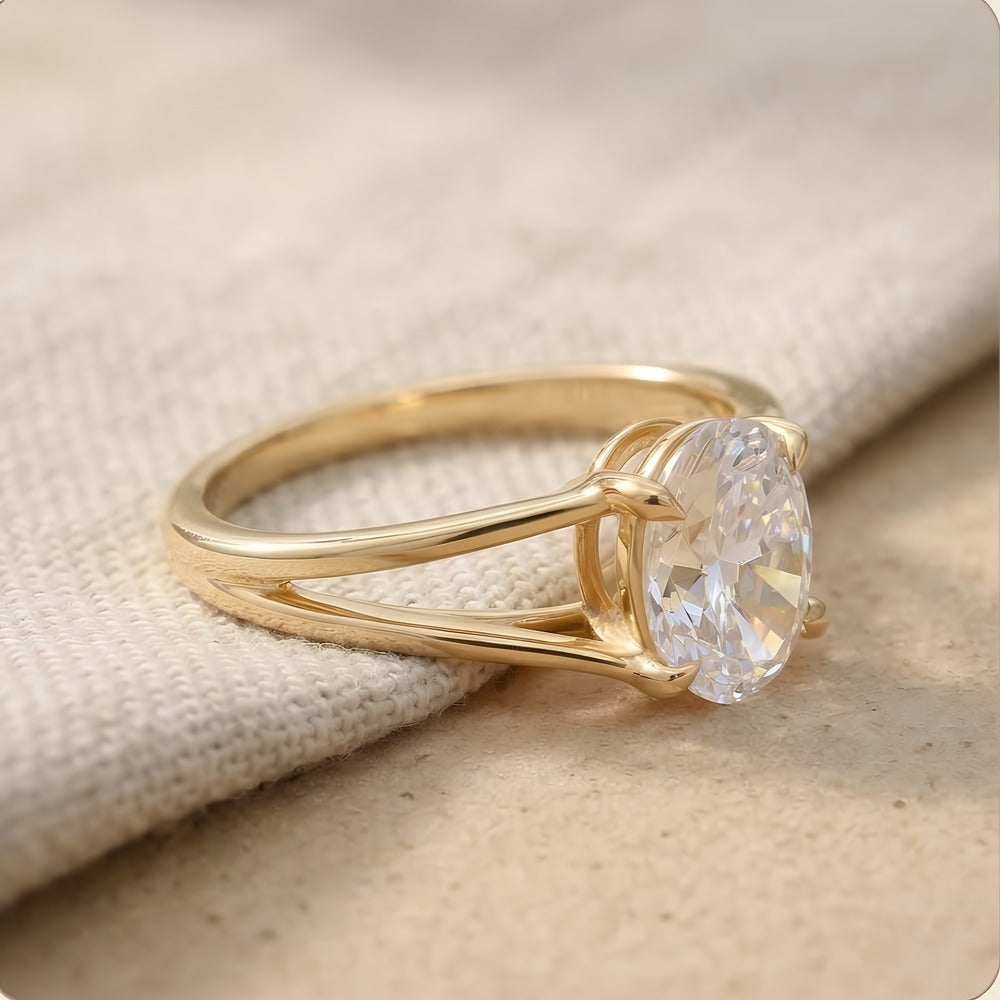 Oval cut moissanite ring with split band design