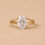 Split band oval moissanite wedding ring close-up