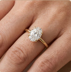 A close-up of a hand wearing a yellow gold solitaire ring with an oval-cut clear gemstone.