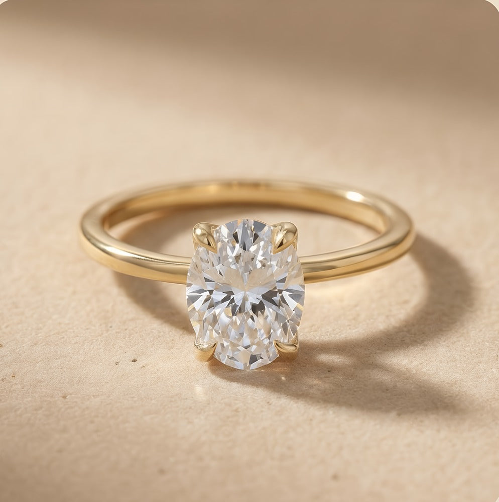 Oval cut moissanite solitaire ring close-up