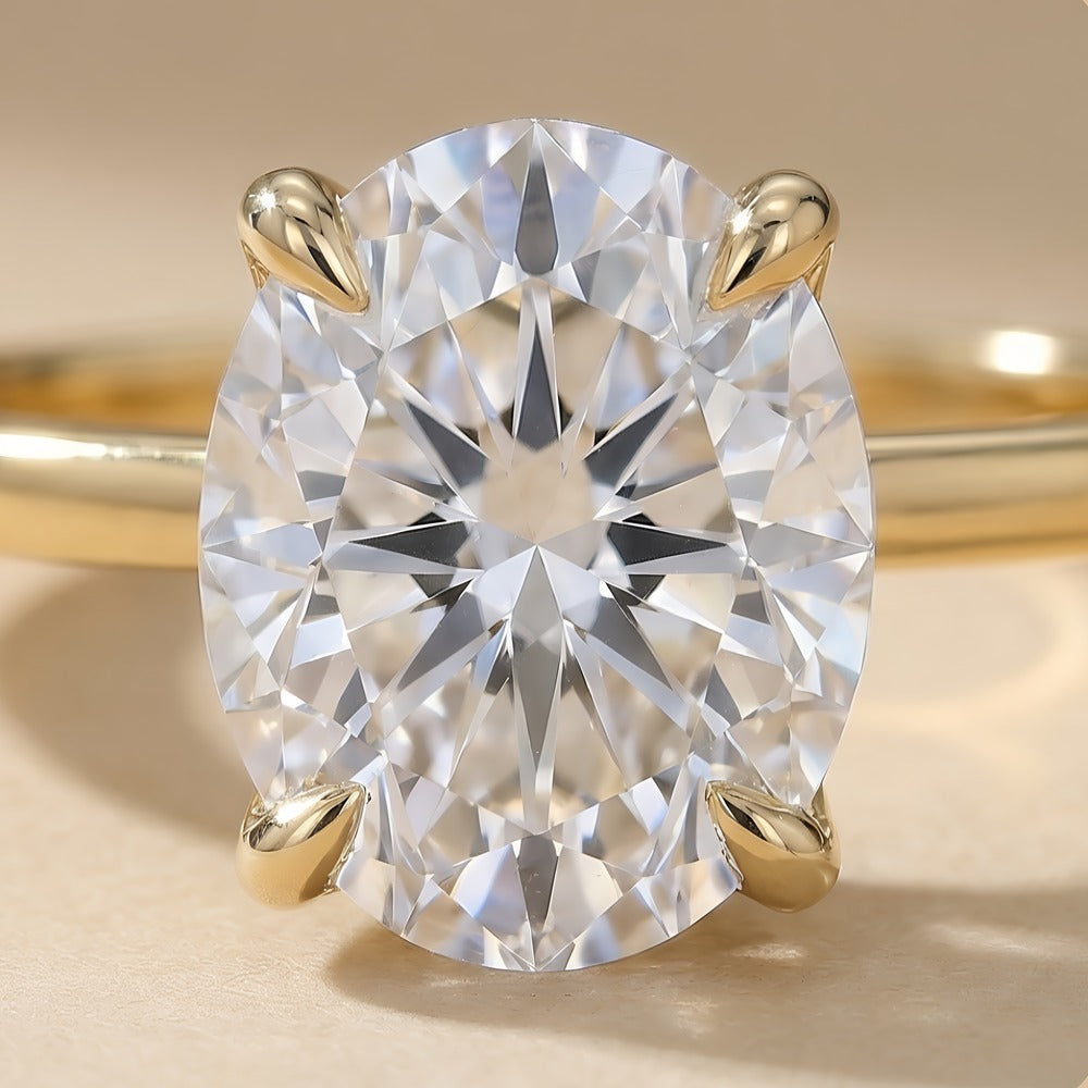 Oval cut moissanite solitaire ring close-up