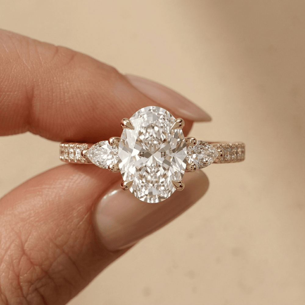 Oval Three Stones Pave Band Engagement Ring in Lab Diamond - view 11