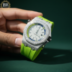 Parrot green silicone straps moissanite bust down diamond watch with fully iced-out dial and bold luxury hip hop style for men.