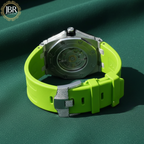 Parrot green silicone straps moissanite bust down diamond watch with fully iced-out dial and bold luxury hip hop style for men.