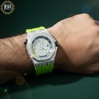 Parrot green silicone straps moissanite bust down diamond watch with fully iced-out dial and bold luxury hip hop style for men.